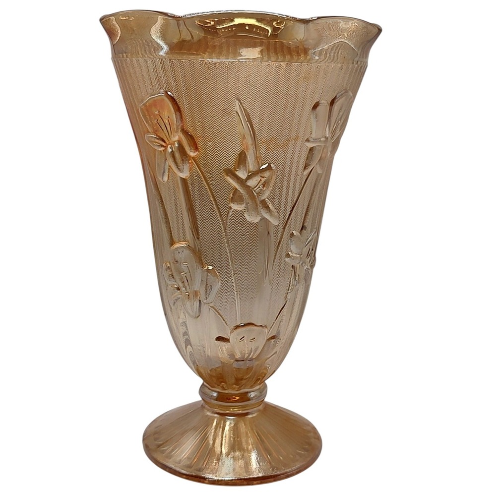 Jeanette Carnival Glass Vase‎ Marigold Herringbone Iris Depression Glass Vintage